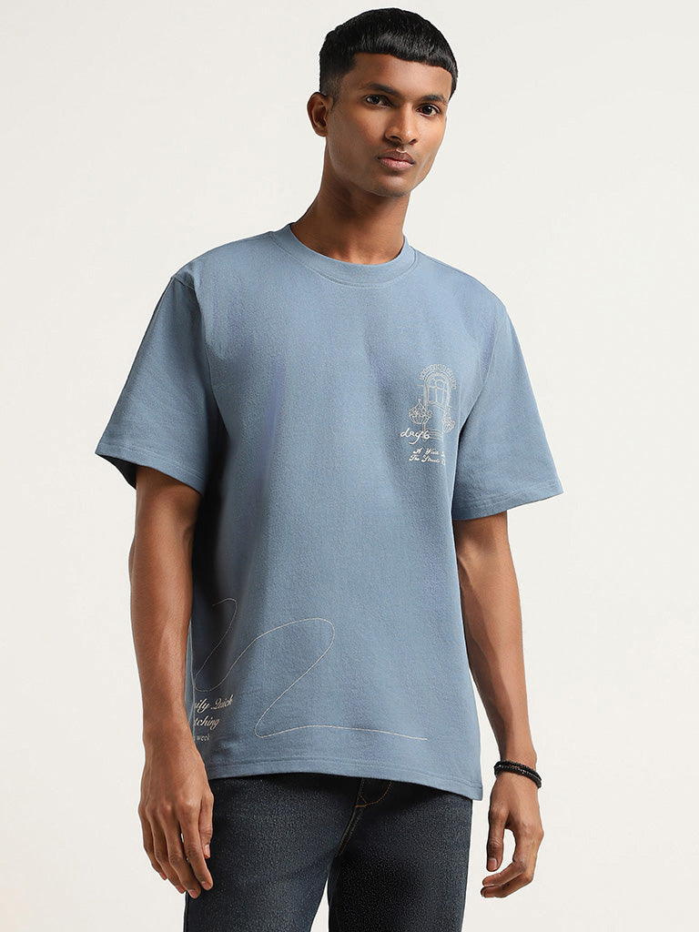 Nuon Blue Embroidered Relaxed Fit T-Shirt