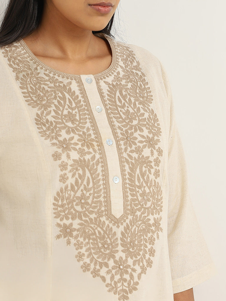 Diza Off-White Embroidered Blended Linen Kurta