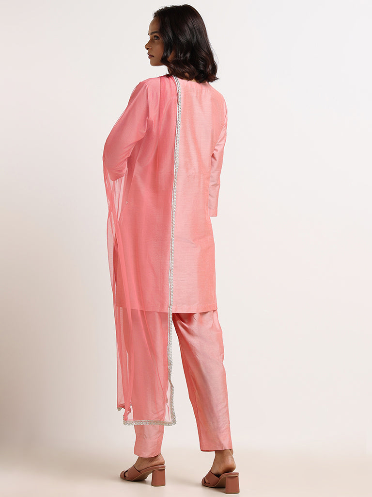 Vark Pink Embroidered Kurta, Pants & Dupatta Set