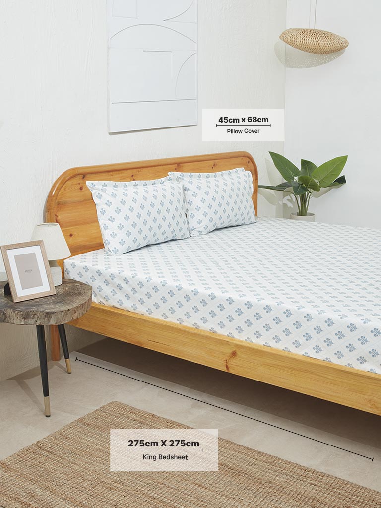 Westside Home Blue Floral Butta Design King Bed Flat Sheet and Pillowcase Set