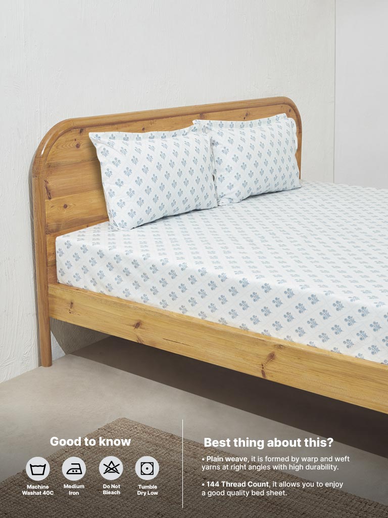 Westside Home Blue Floral Butta Design King Bed Flat Sheet and Pillowcase Set