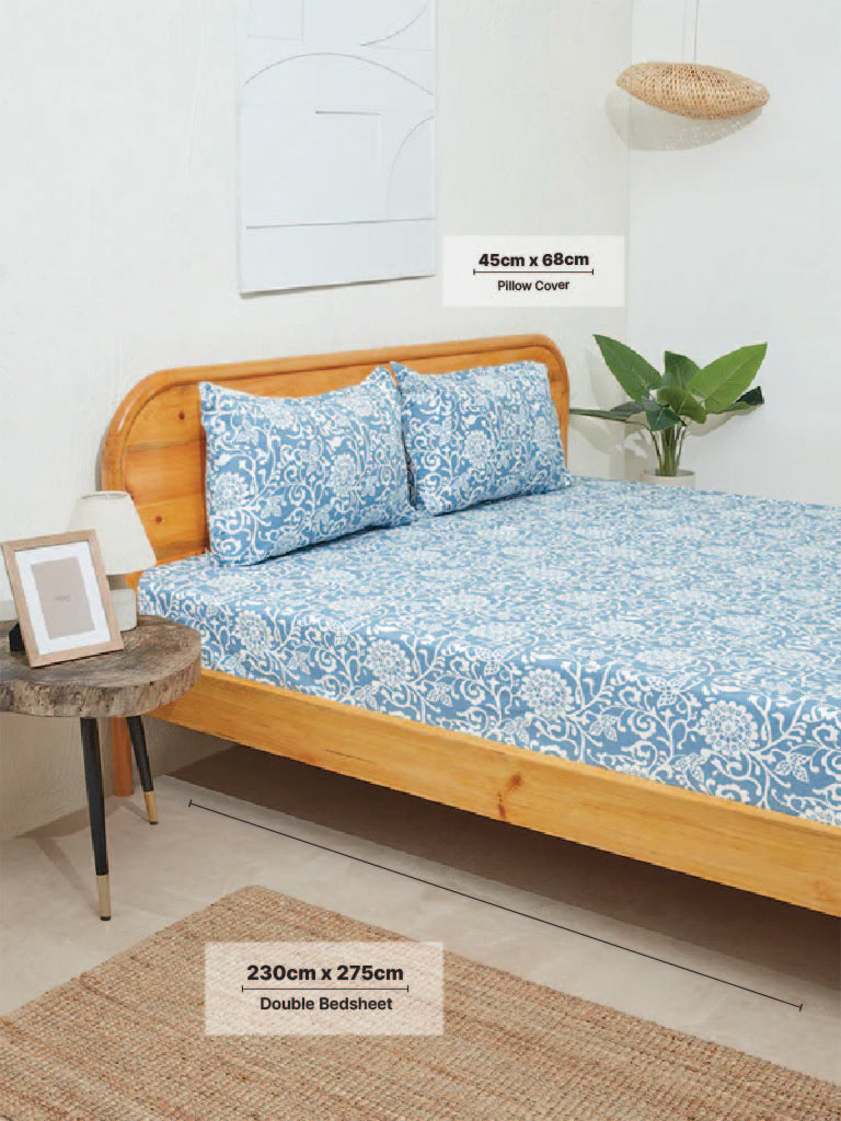 Westside Home Blue Floral Printed Double Bed Flat Sheet and Pillowcase Set