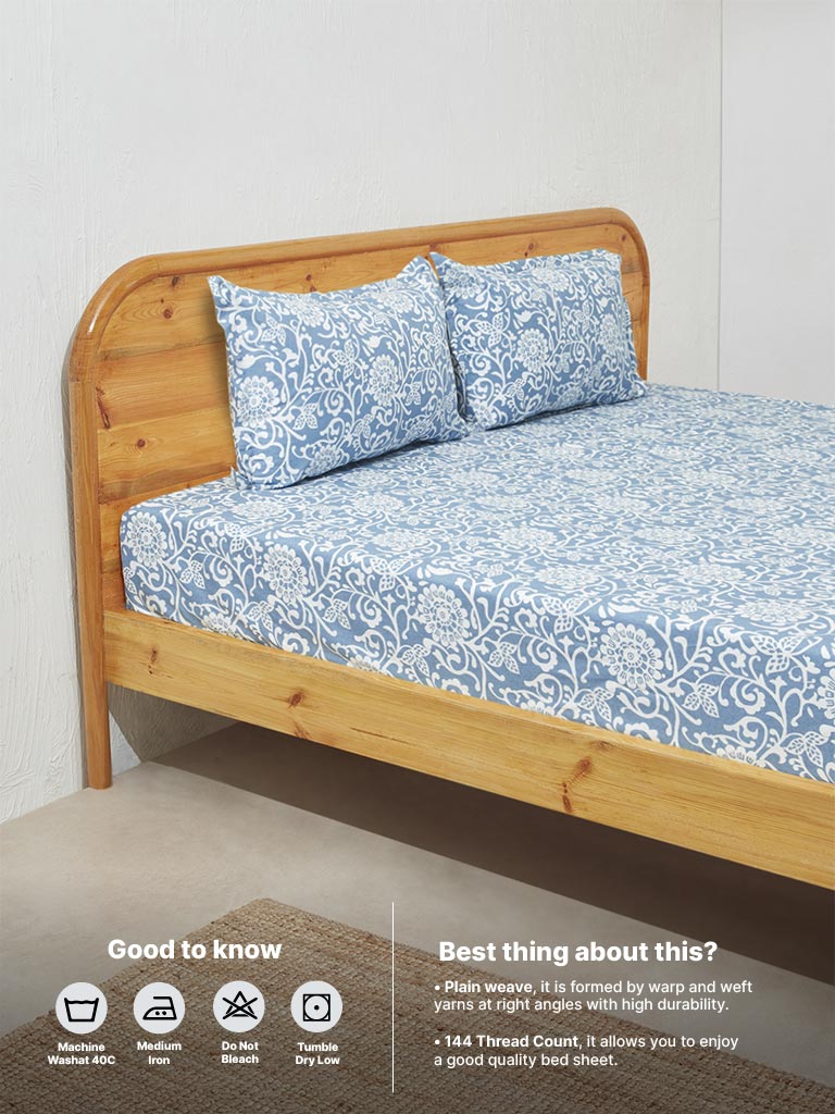Westside Home Blue Floral Printed King Bed Flat Sheet and Pillowcase Set
