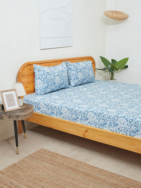 Westside Home Blue Floral Printed King Bed Flat Sheet and Pillowcase Set