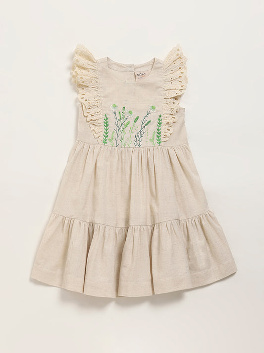 Utsa Kids Beige Embroidered Dress