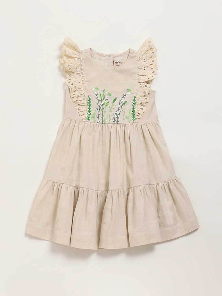 Utsa Kids Beige Embroidered Dress (2 - 8yrs)