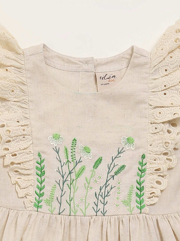 Utsa Kids Beige Embroidered Dress (8 -14yrs)
