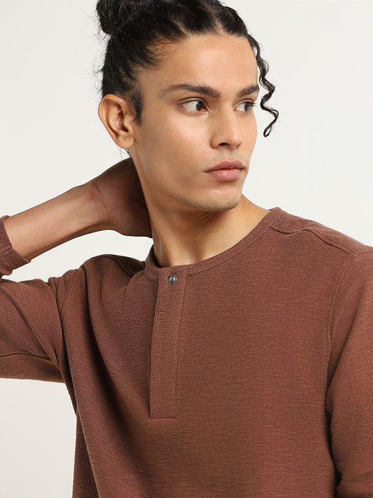 ETA Brown Self-Patterned Cotton T-Shirt