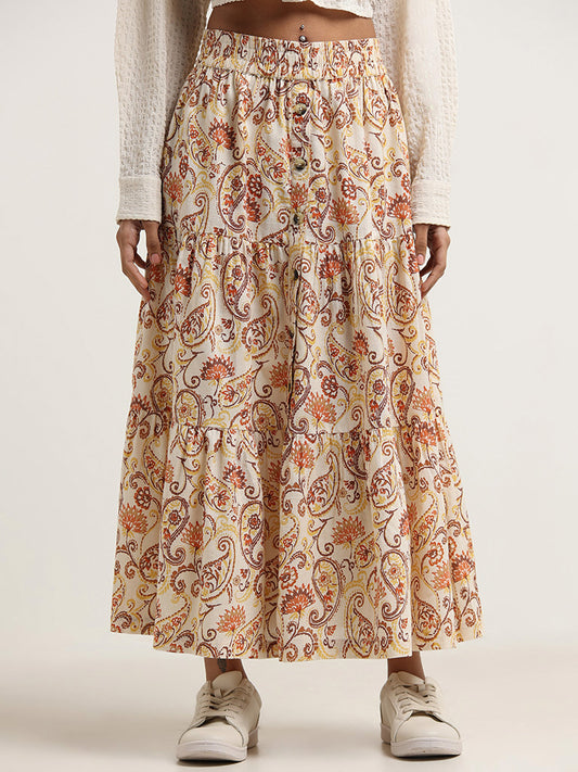 Bombay Paisley Off-White Printed Buttoned Skirt