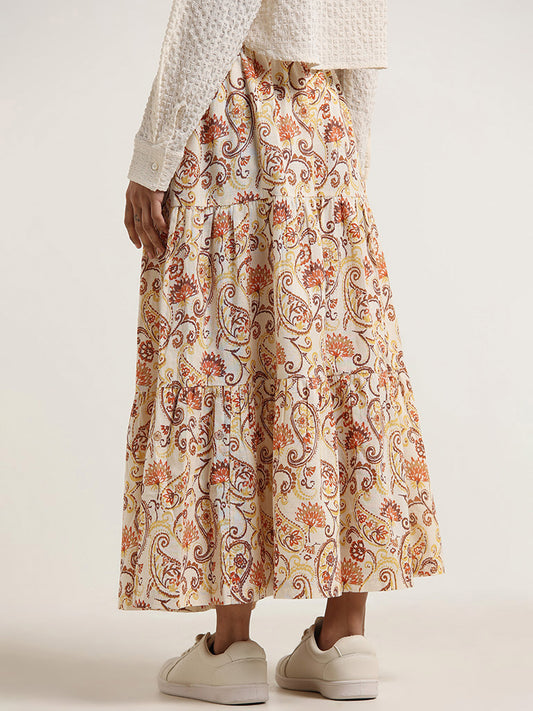 Bombay Paisley Off-White Printed Buttoned Skirt
