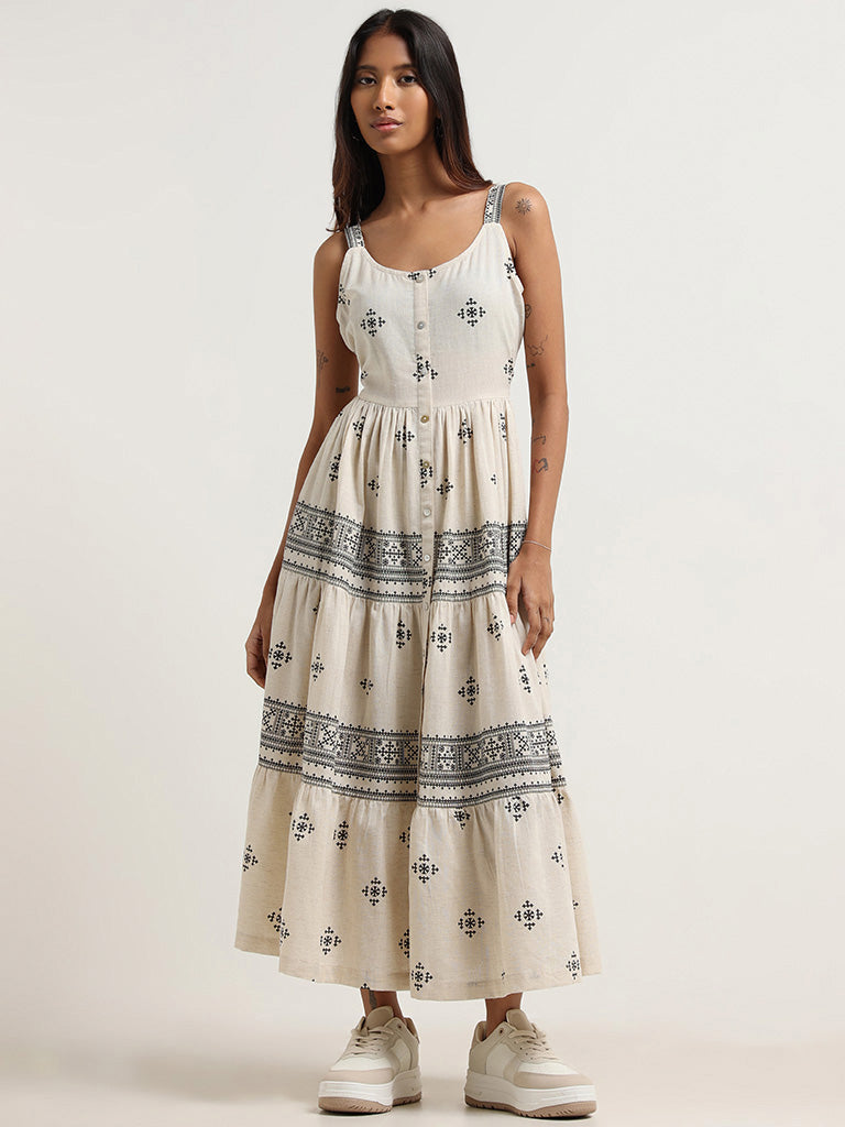 Bombay Paisley Off-White Printed Cotton Blend Tiered Dress