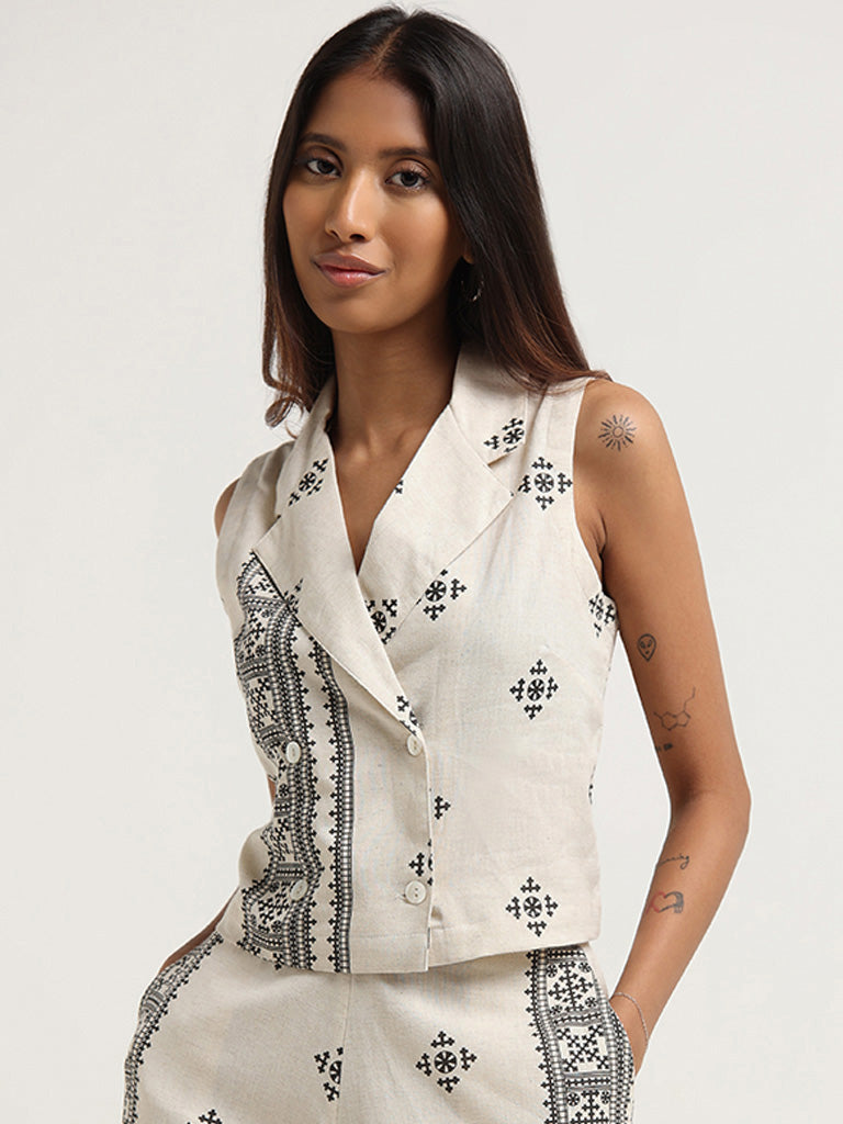 Bombay Paisley Off White Printed Cotton Blend Top