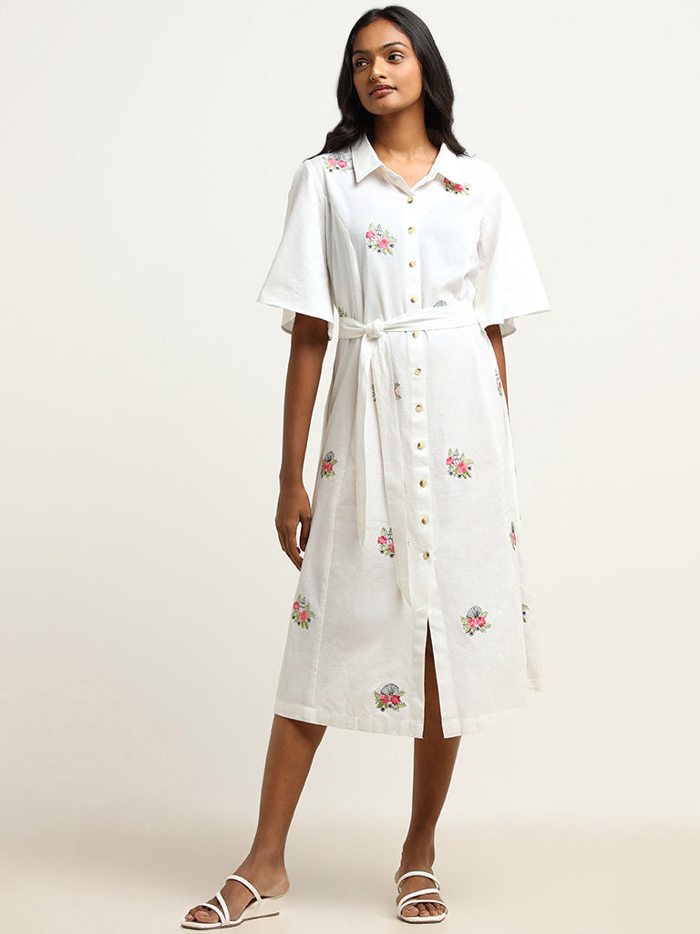 Utsa White Collared Blended Linen Midi Dress with Belt