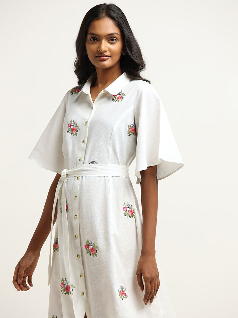 Utsa White Collared Blended Linen Midi Dress with Belt