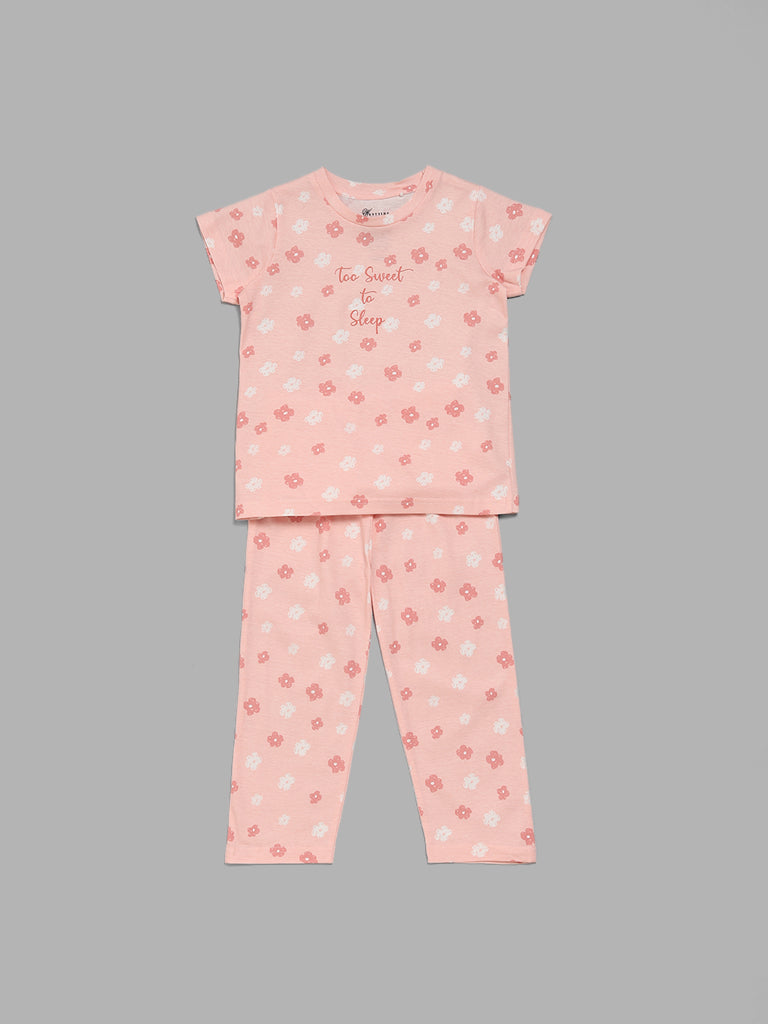 Wunderlove Floral Printed Peach Pyjamas Set In A Bag