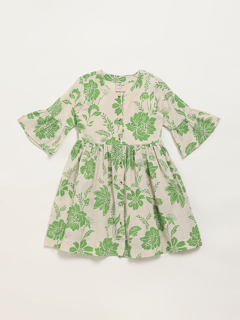 Utsa Kids Green Floral Printed Dress (2 - 8yrs)