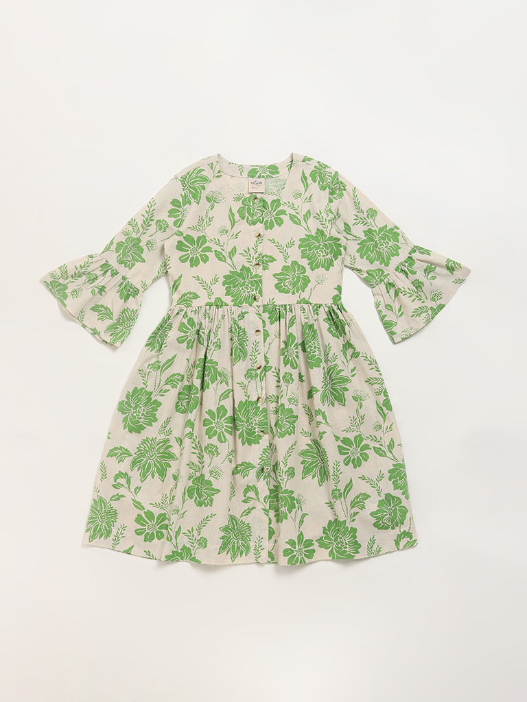 Utsa Kids Green Floral Printed Dress
