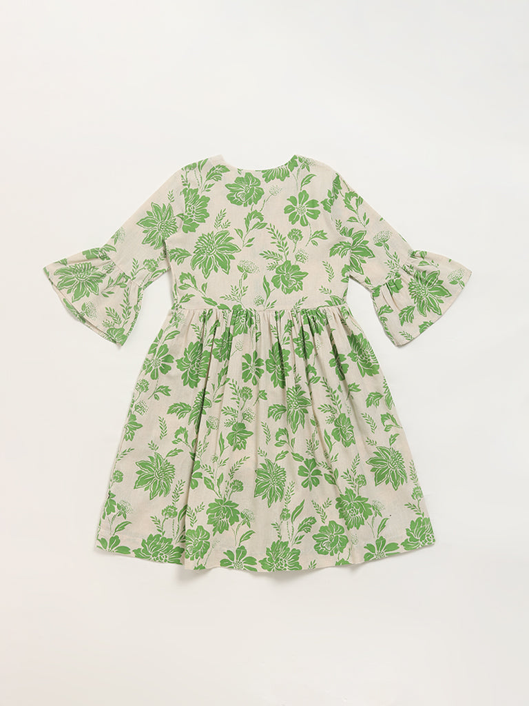 Utsa Kids Green Floral Printed Dress