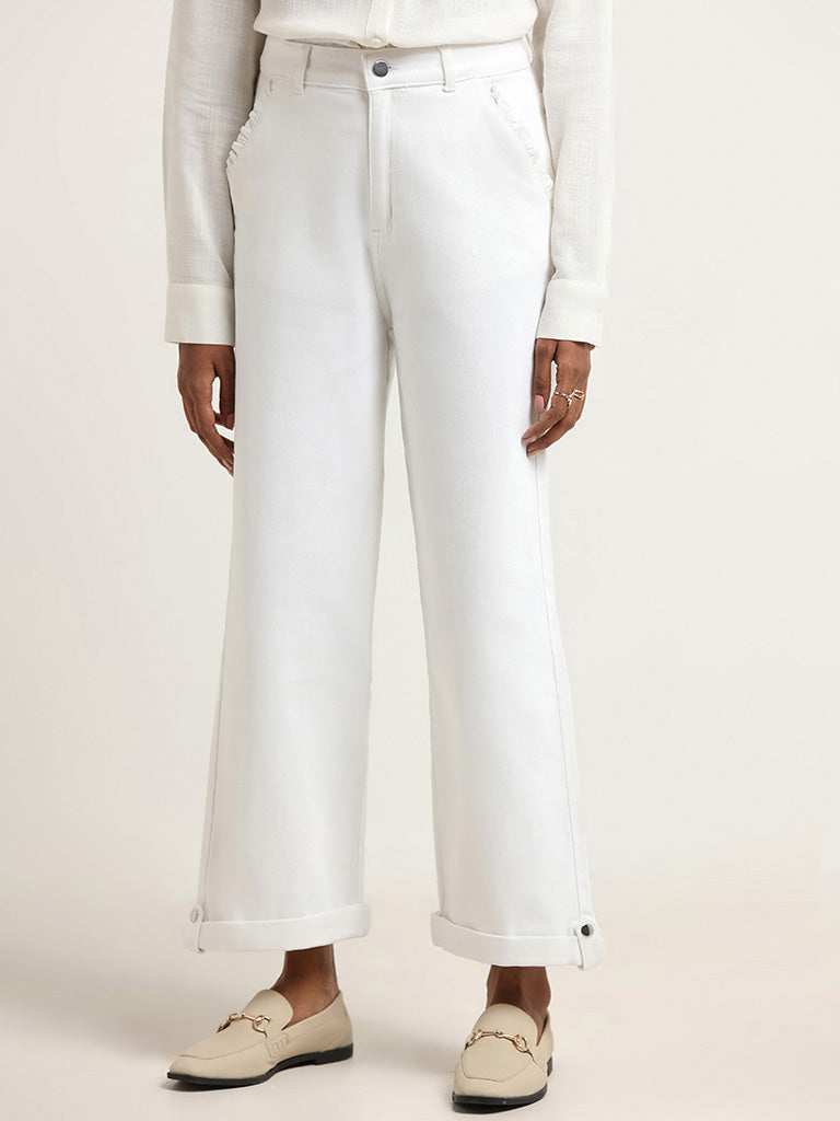 LOV Off-White Straight - Fit High - Rise Jeans with Turn-Up Hems