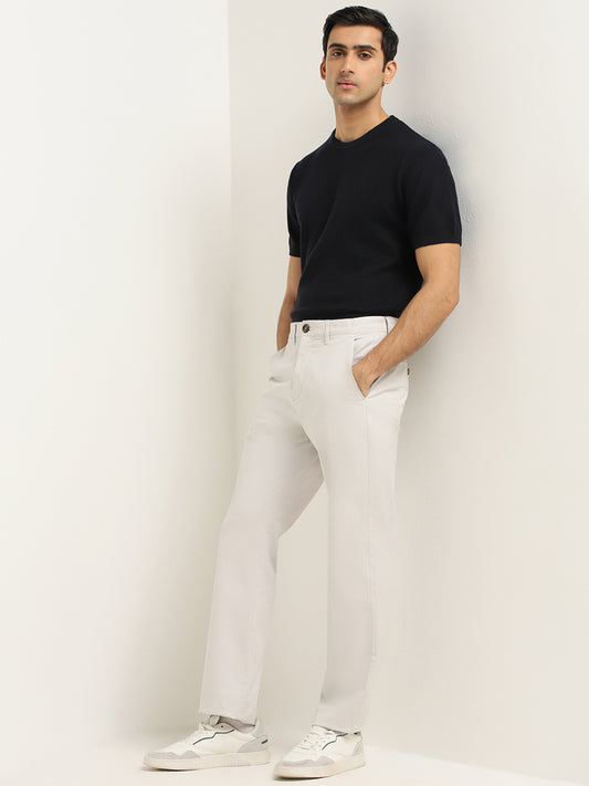Ascot Off-White Plain Cotton Blend Relaxed Fit Chinos