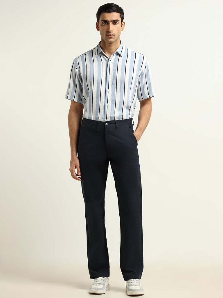 Ascot Navy Plain Cotton Blend Relaxed Fit Chinos