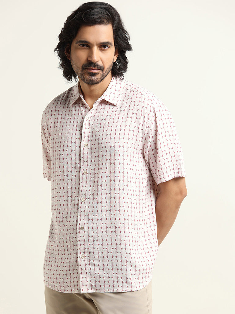 Ascot Pink Printed Relaxed Fit Blended Linen Shirt