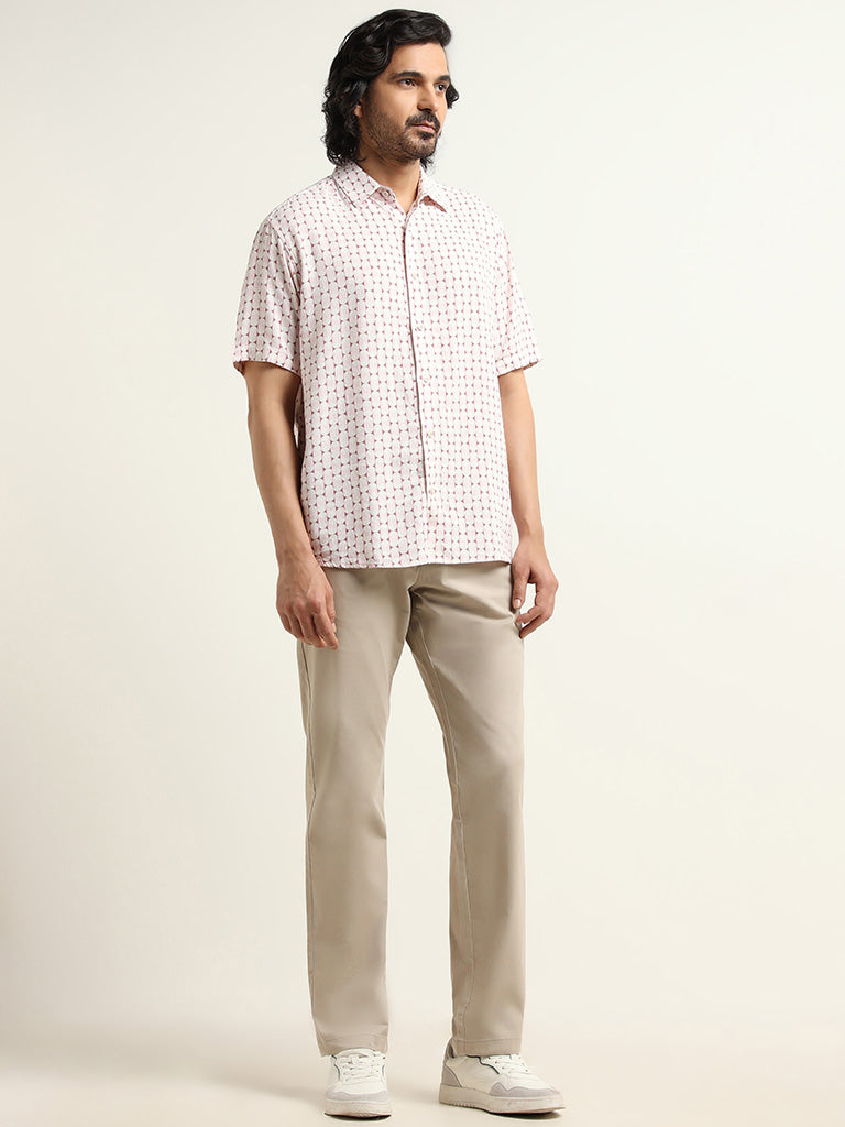 Ascot Pink Printed Relaxed Fit Blended Linen Shirt