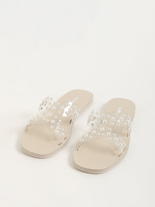 Yellow White Pearl Adorned Slip-On Sandals