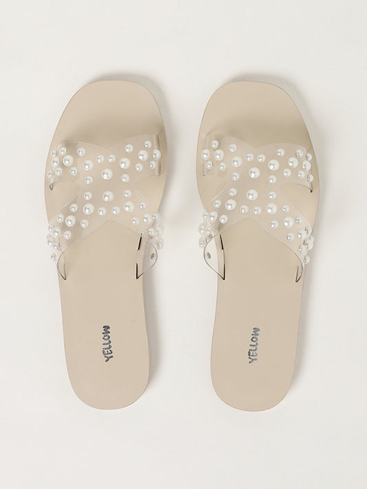 Yellow White Pearl Adorned Slip-On Sandals