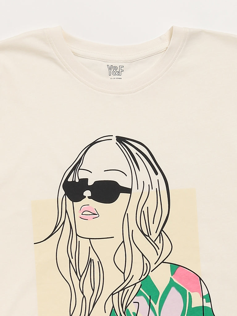 Y&F Kids Cream Printed T-Shirt