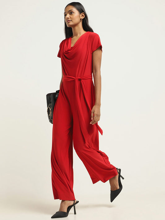 Wardrobe Red Cowl Neck Jumpsuit with Belt