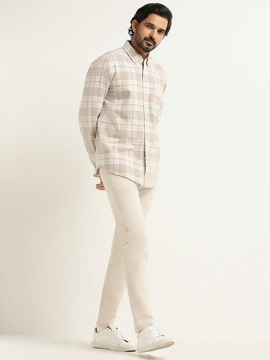 WES Casuals Beige Checked Relaxed Fit Shirt