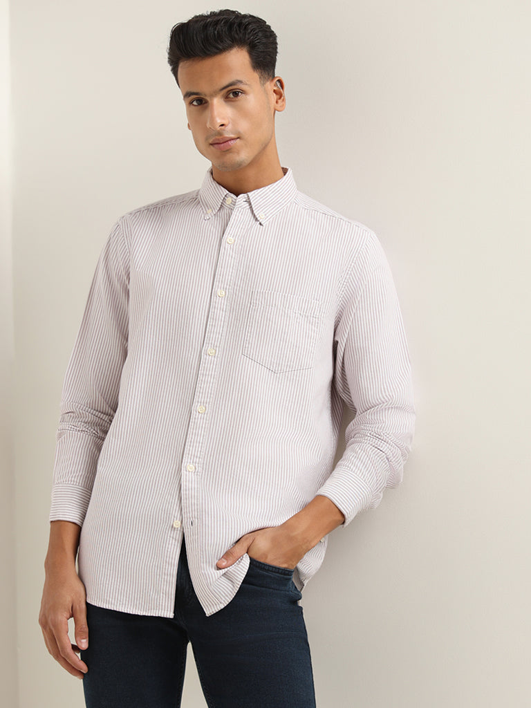 WES Casuals Light Mauve Striped Cotton Relaxed Fit Shirt