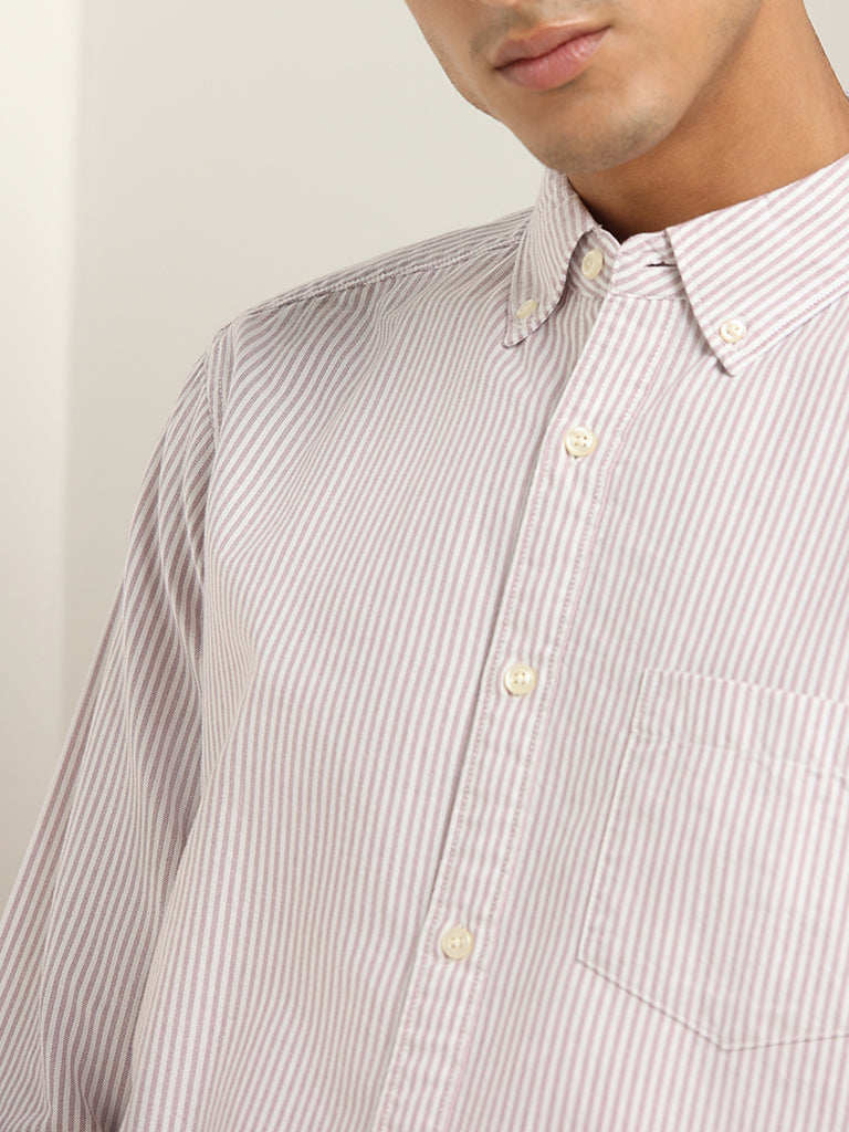 WES Casuals Light Mauve Striped Cotton Relaxed Fit Shirt