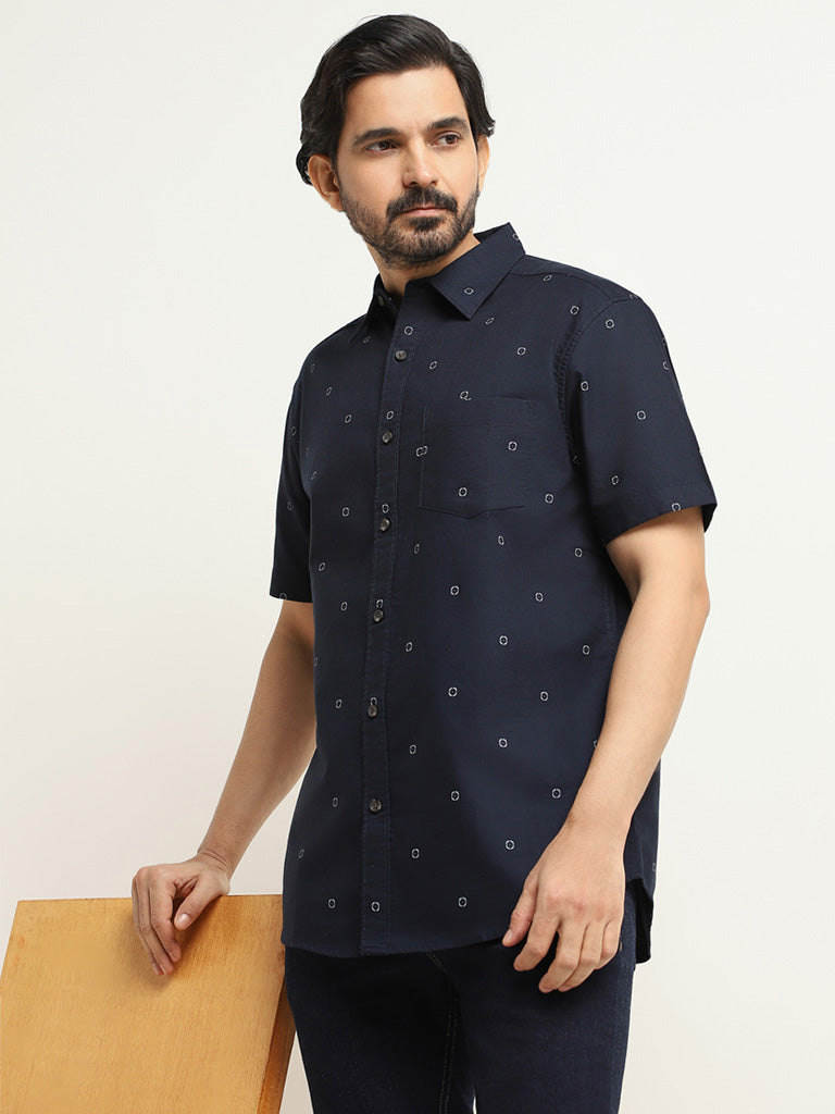 WES Casuals Navy Printed Cotton Relaxed Fit Shirt