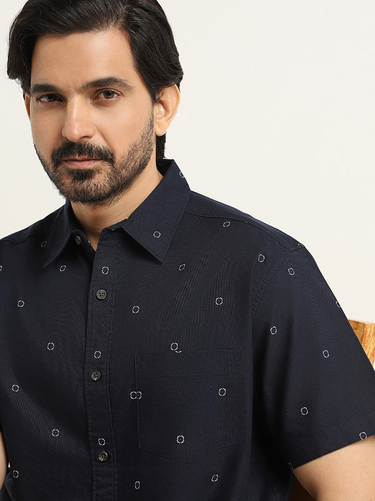 WES Casuals Navy Printed Relaxed Fit Shirt