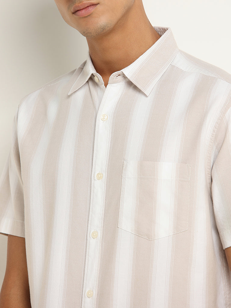 WES Casuals Beige Striped Cotton Blend Relaxed Fit Shirt
