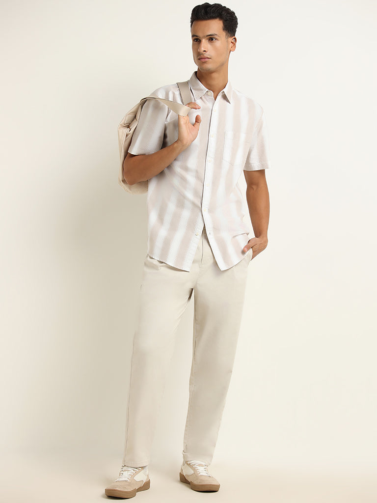 WES Casuals Beige Striped Cotton Blend Relaxed Fit Shirt