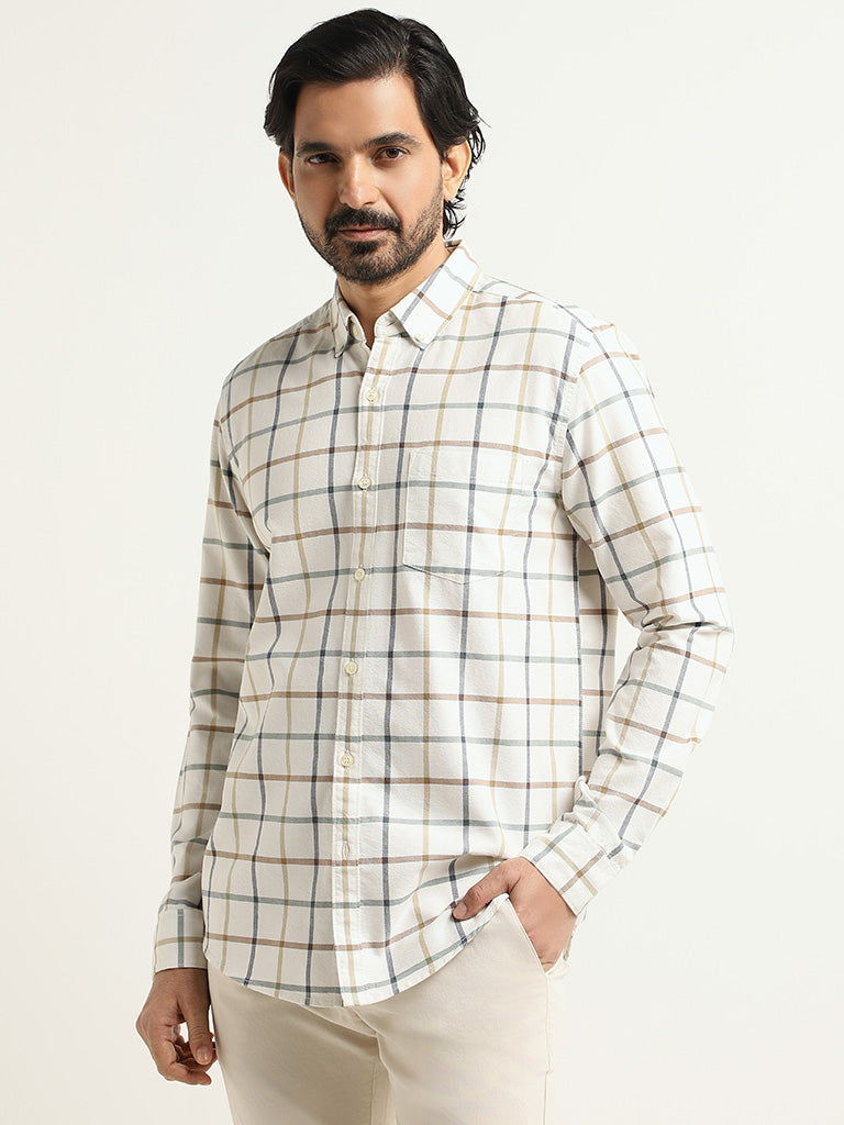 WES Casuals White Checked Cotton Slim Fit Shirt