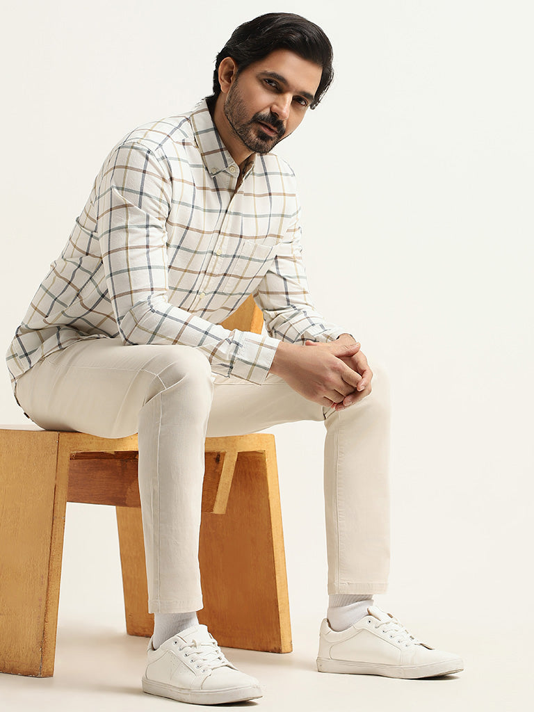 WES Casuals White Checked Cotton Slim Fit Shirt