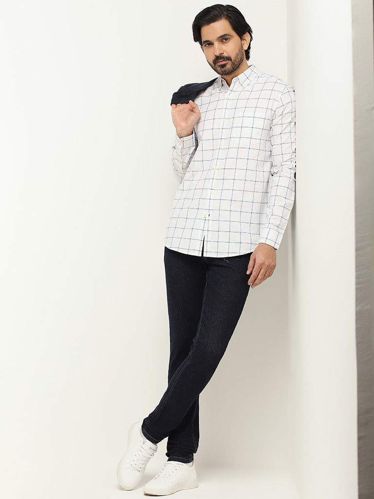 WES Casuals Checked Slim Fit Light Blue Cotton Shirt