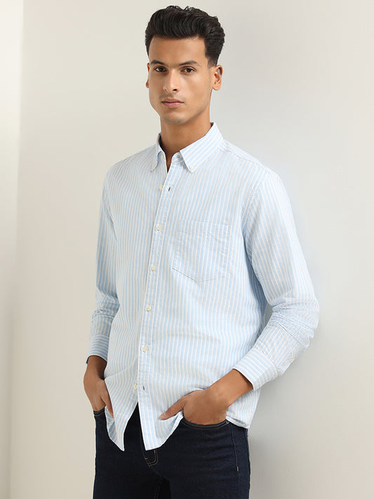 WES Casuals Light Blue Striped Relaxed Fit Shirt