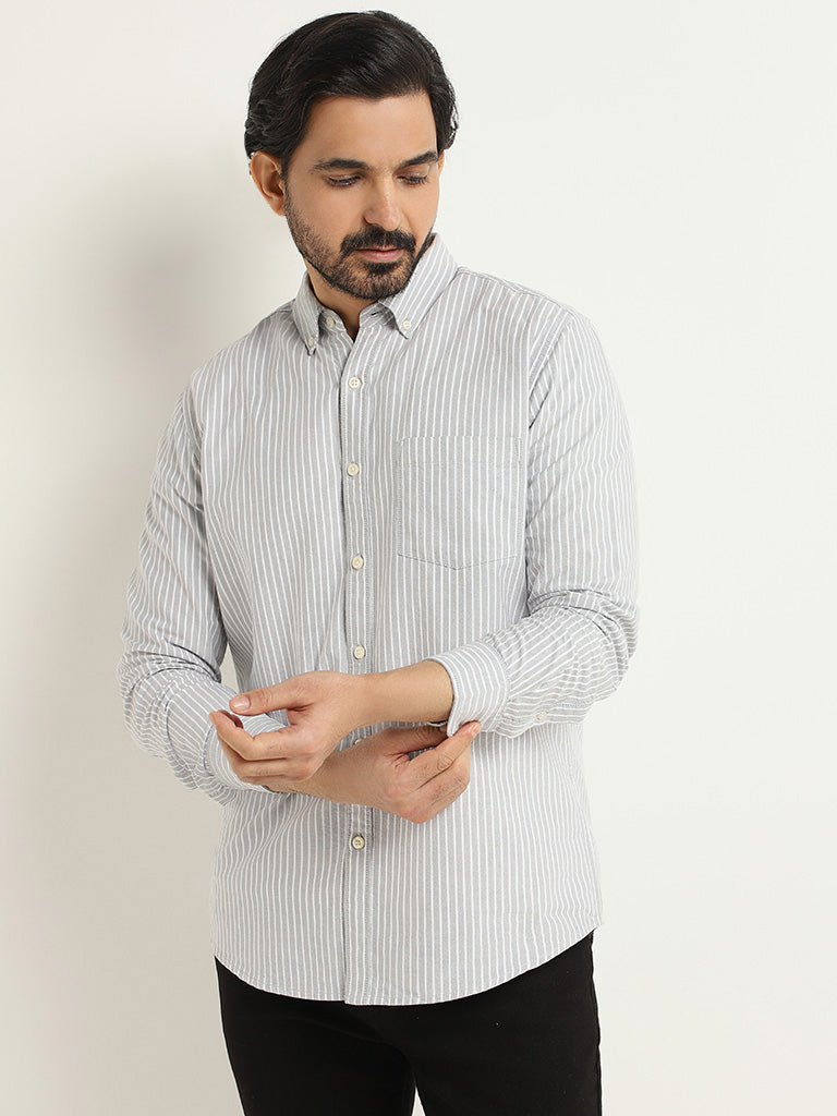 WES Casuals Grey Striped Cotton Slim Fit Shirt