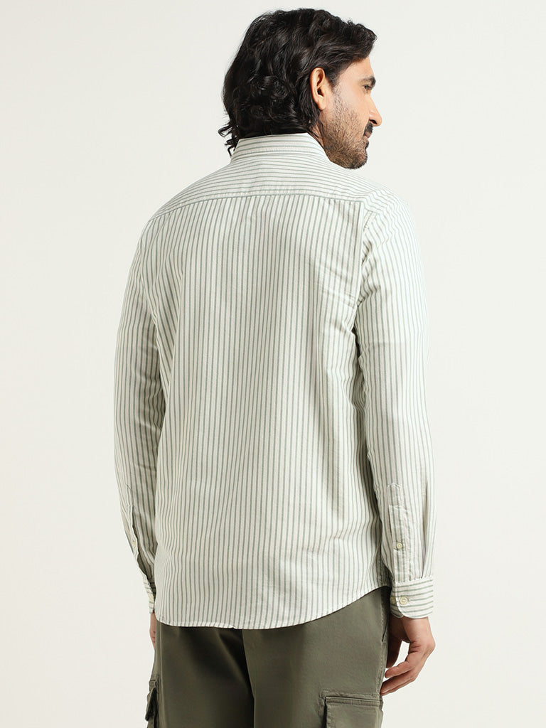 WES Casuals Green Striped Cotton Blend Slim Fit Shirt