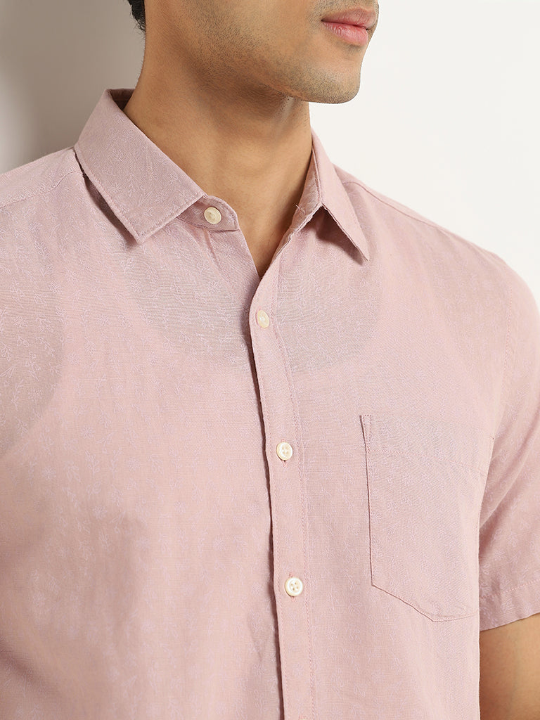 WES Casuals Pink Printed Slim Fit Blended Linen Shirt