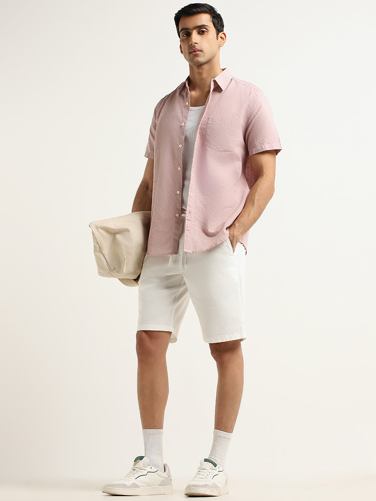 WES Casuals Pink Printed Slim Fit Blended Linen Shirt