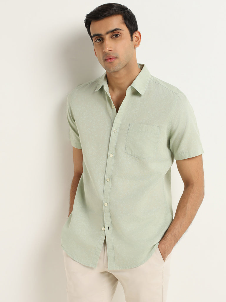 WES Casuals Green Printed Slim Fit Shirt