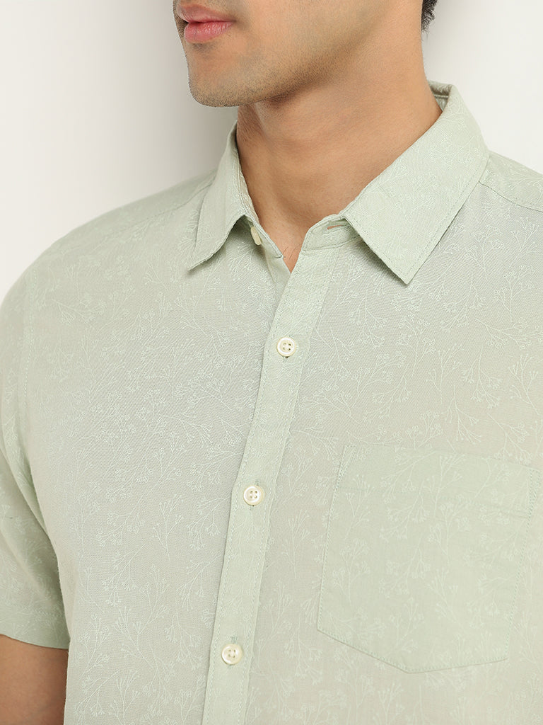 WES Casuals Green Printed Cotton Slim Fit Shirt