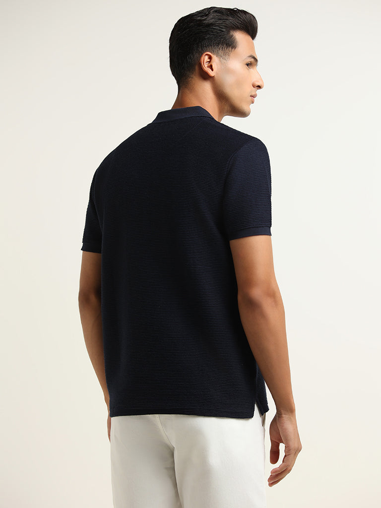 WES Casuals Navy Self-Patterned Slim Fit T-Shirt