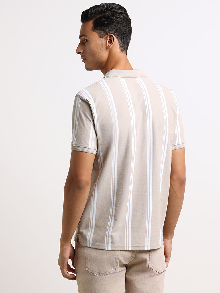 WES Casuals Beige Striped Relaxed Fit Polo T-Shirt